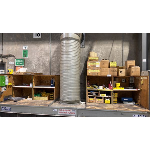 CONTENTS OF WOODEN SHELVING UNIT- ASSORTED TAPE, NITRILE GLOVES, PLASTIC ORGANIZER BINS, TAPE GUNS,