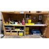 Image 3 : CONTENTS OF WOODEN SHELVING UNIT- ASSORTED TAPE, NITRILE GLOVES, PLASTIC ORGANIZER BINS, TAPE GUNS,