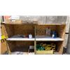 Image 4 : CONTENTS OF WOODEN SHELVING UNIT- ASSORTED TAPE, NITRILE GLOVES, PLASTIC ORGANIZER BINS, TAPE GUNS,