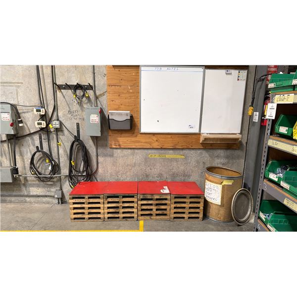 BIN OF RUBBER SKIRT WASHERS, WHITEBOARDS & 4 WOODEN BOX STANDS