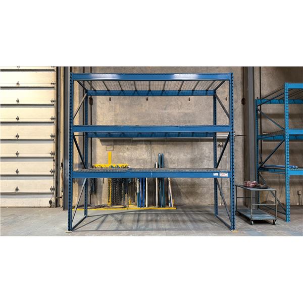 BLUE PALLET RACKING UNIT - (2) 12FT UPRIGHTS, (6) 12FT SIDE RAILS W/MESH DECK