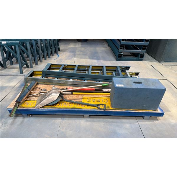 PAINT OF ASSORTED PAINT AREA ITEMS - (2) STEP LADDERS, SHOVELS, SCRAPPERS, BROOM, ETC.