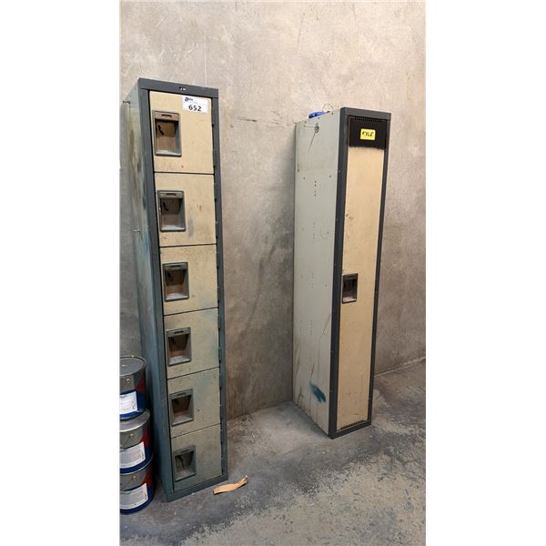 2 LOCKERS, 1 WITH 6 SMALL LOCKING CUBBIES & 1 SINGLE DOOR LOCKER