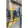 Image 1 : 2 YELLOW WALL MOUNT HANGERS WITH ASSORTED LIFTING CHAINS, AIR HOSE, CLAMPS & METAL PIECES
