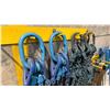 Image 2 : 2 YELLOW WALL MOUNT HANGERS WITH ASSORTED LIFTING CHAINS, AIR HOSE, CLAMPS & METAL PIECES