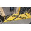 Image 5 : 2 YELLOW WALL MOUNT HANGERS WITH ASSORTED LIFTING CHAINS, AIR HOSE, CLAMPS & METAL PIECES