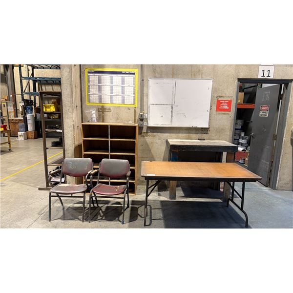 BROWN FOLDING UTILITY TABLE, 2 CHAIRS, WOODEN SHELVING UNIT, WOODEN SHOP TABLE & WHITEBOARD