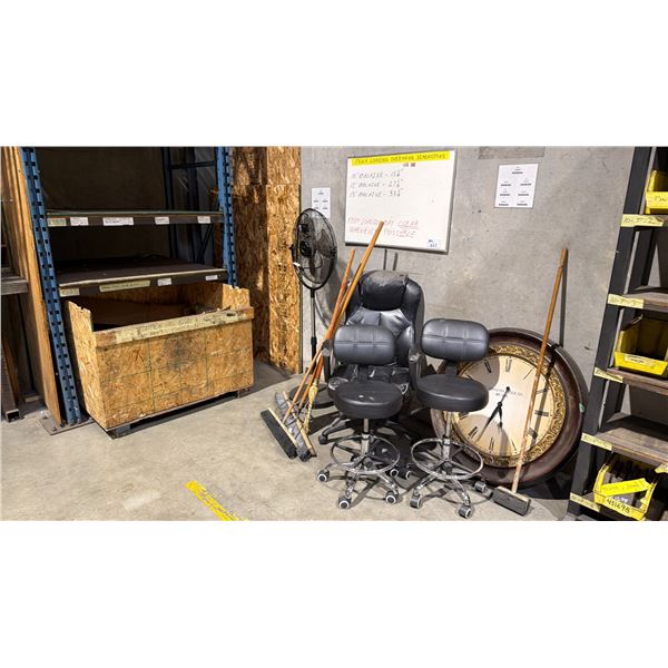 GROUP OF ASSORTED SHOP/OFFICE ITEMS- LARGE CLOCK, 3 MOBILE OFFICE CHAIRS, FLOOR FAN, WHITEBOARD,