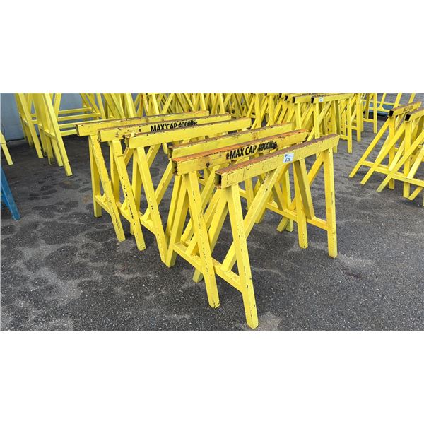 GROUP OF 6 YELLOW STEEL HEAVY DUTY SAW HORSES 4000LB CAPACITY APPROX 4'L X 3'H