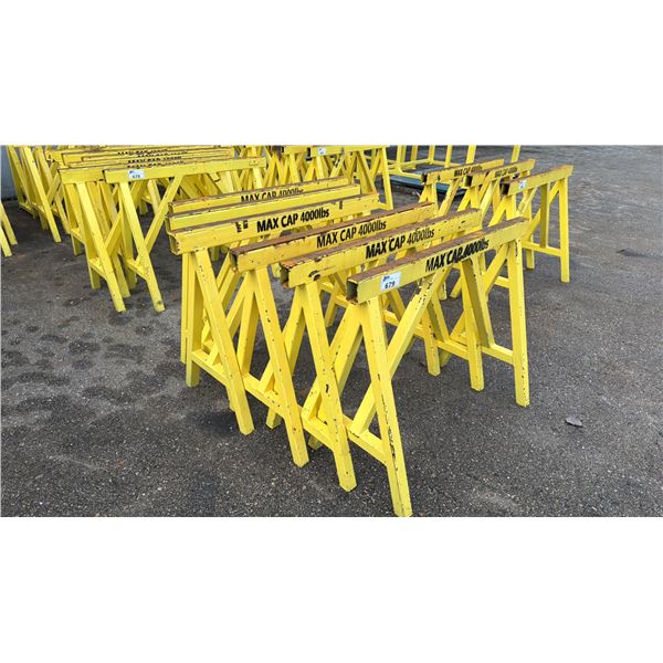 GROUP OF 6 YELLOW STEEL HEAVY DUTY SAW HORSES 4000LB CAPACITY APPROX 4'L X 3'H