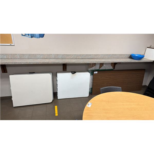 GROUP OF 5 FOLDING UTILITY TABLES - (4) WHITE PLASTIC & (1) WOOD