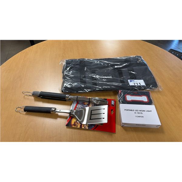WEBER BBQ TONGS & SPATULA SET, ULINE DUFFLE BAG AND 2 PORTABLE LED WORK LIGHT