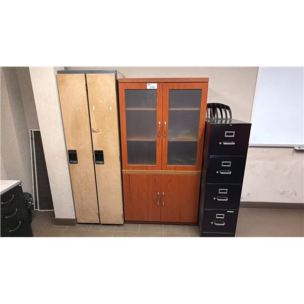 2 DOOR LOCKER ROOM LOCKER, GLASS FRONT DOOR CABINET & 4 DRAWER HON FILING CABINET