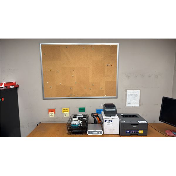 BROTHER HL-L2405W OFFICE PRINTER, LABEL PRINTER, SMALL DYMO SCALE, CORDLESS SCANNER CORKBOARD