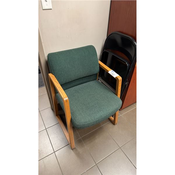 OAK WITH GREEN UPHOLSTERED OFFICE CLIENT CHAIR & ALL METAL BLACK FOLDING CHAIR