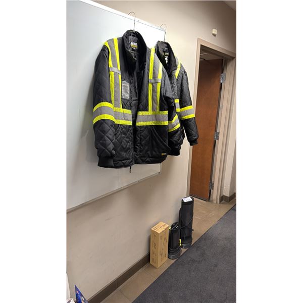 2 HONEYWELL FLOOR HEATERS, FOLDING GRABBER TOOL & 2 HI-VIS WORK JACKETS (L & 3XL)