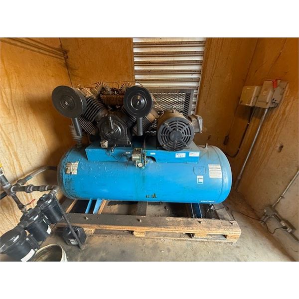 BLUE 15 HP COMPRESSOR, LOCATED IN OUTDOOR SHED