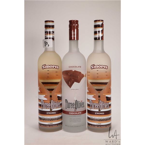 Three bottles of Three Olives Vodka including two Smores and one Chocolate / Each 750ml / Each 35% A