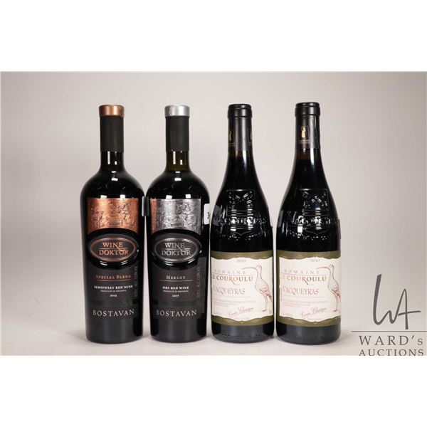 4 bottles of wine including 2 bottles of Domaine / Le Courloulu / Vacqueyras / 750ml / 14% ABV, one 