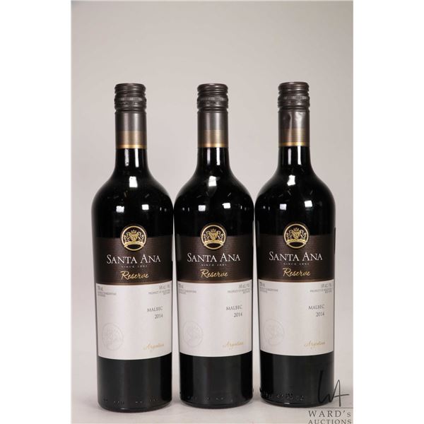 3 bottles of Santa Ana / Reserve / Malbec / 750ml / 14% ABV Note: Alcohol cannot be insured by any c