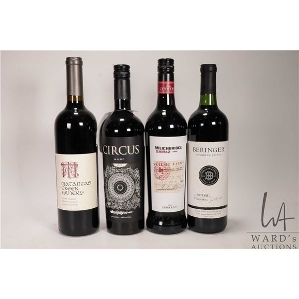 4 bottles of wine including Matanzas Creek Winery / 2006 Merlot / 14.1% ABV, a bottle of Circus / Ma