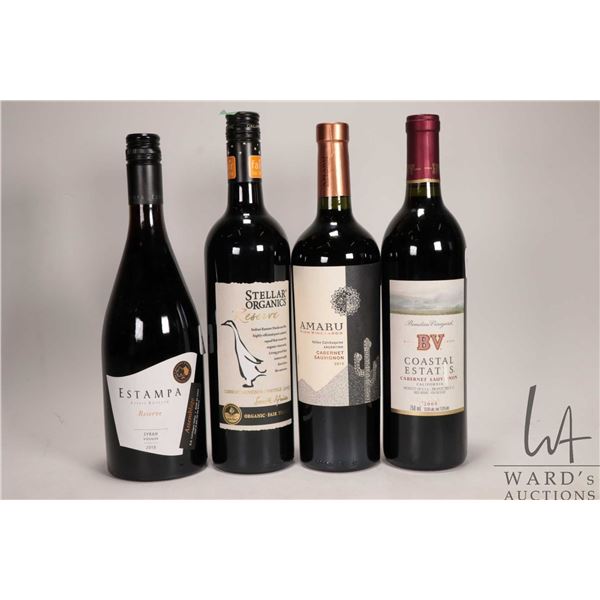 4 bottles of wine including Estampa / Reserve / Syrah / 750ml / 14.5%, a bottle of Stellar Organics 