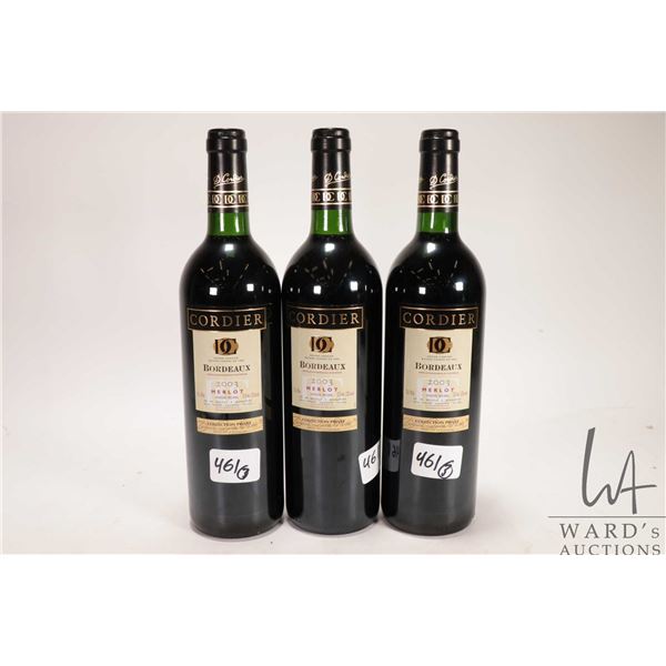 3 serialized bottles of Cordier / Bordeaux / Merlot / 750ml / 12.5% ABV Note: Alcohol cannot be insu