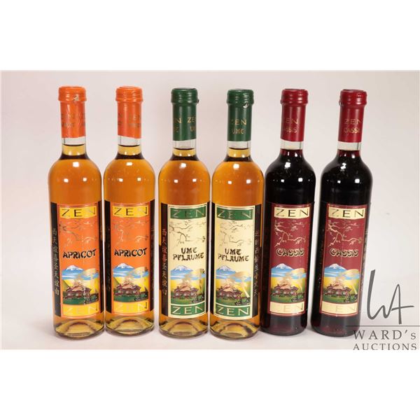 6 bottles of Zen wine including 2 bottles of Cassis / 500ml, 2 bottles of Apricot / 500ml, and 2 bot