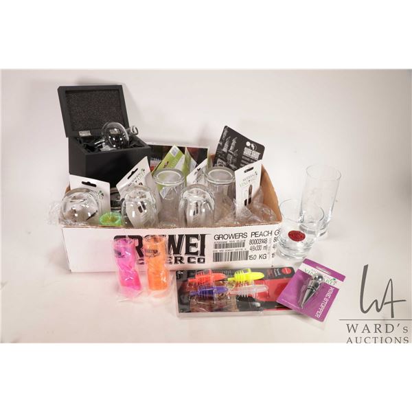 Box of liqour accessories including hand blow globe aerator, liqour pourers, spouts, stoppers, plast