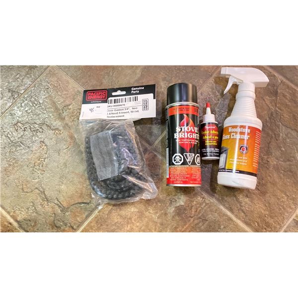 GROUP OF 3/4-INCH STOVE GASKET, STOVE PAINT, STOVE GLASS CLEANER, AND GASKET ADHESIVE.
