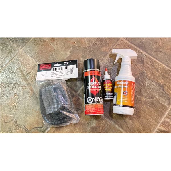 GROUP OF 3/4-INCH STOVE GASKET, STOVE PAINT, STOVE GLASS CLEANER, AND GASKET ADHESIVE.