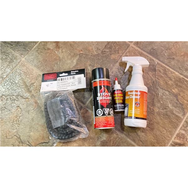 GROUP OF 3/4-INCH STOVE GASKET, STOVE PAINT, STOVE GLASS CLEANER, AND GASKET ADHESIVE.