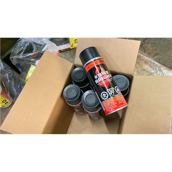SIX CANS OF STOVE BRIGHT FLAT BLACK STOVE PAINT.