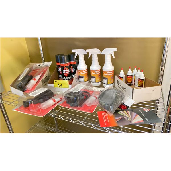 SHELF LOT 3 CANS STOVE PAINT, GLASS CLEANER, STOVE GASKET, ETC.