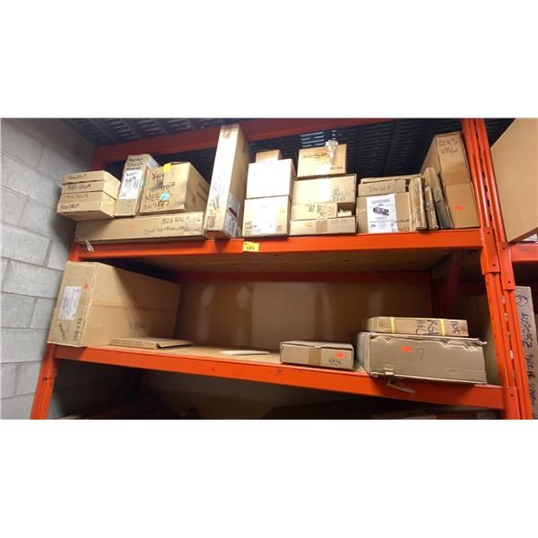 GROUP LOT OF FIREPLACE PARTS. MUCH OF IT IS VALOR. 2 SHELVES