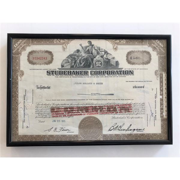 Framed Studebaker Corporation Stock Certificate