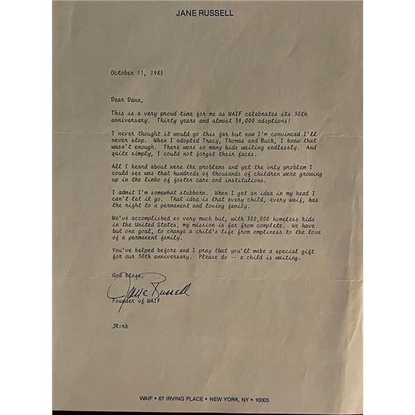 The Outlaw Jane Russell Signed Letter