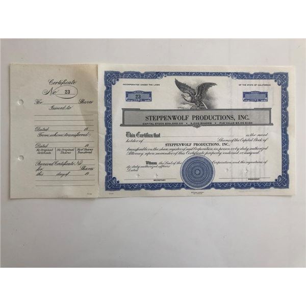 Steppenwolf Productions Inc. Blank Stock Certificate