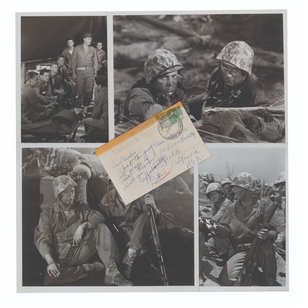 A John Wayne Signed Postcard and "Sands of Iwo Jima" Photos.