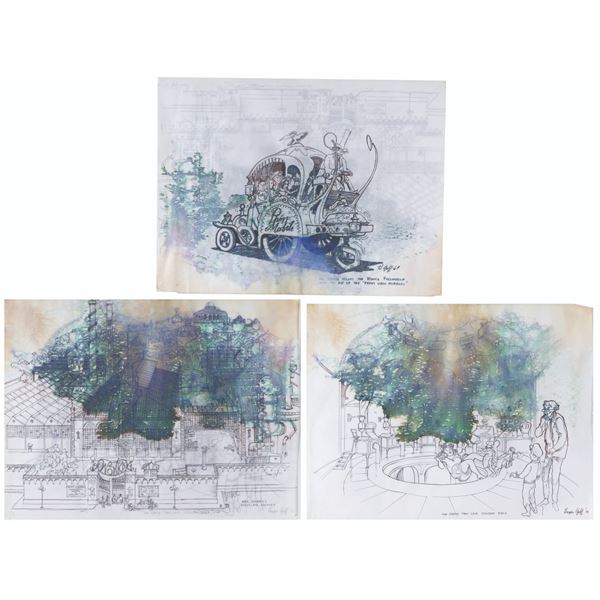 Three "Willy Wonka and the Chocolate Factory" Harper Goff Concept Drawings.