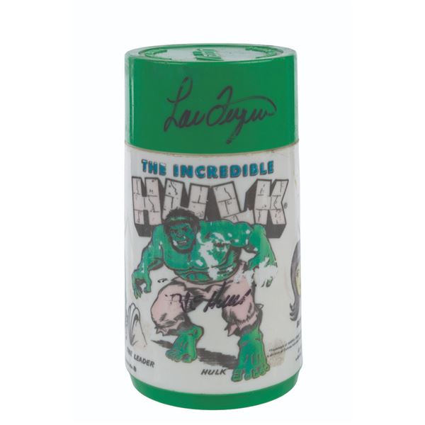A Lou Ferrigno Signed Incredible Hulk Thermos.