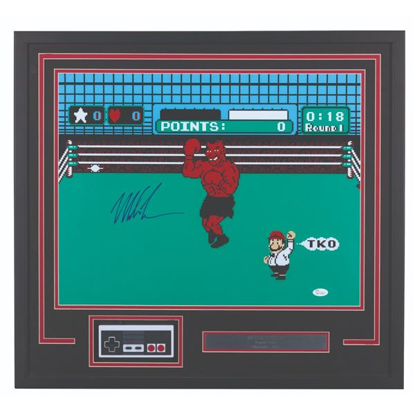 A Mike Tyson Signed Punch-Out!! Photo & NES Controller Display.