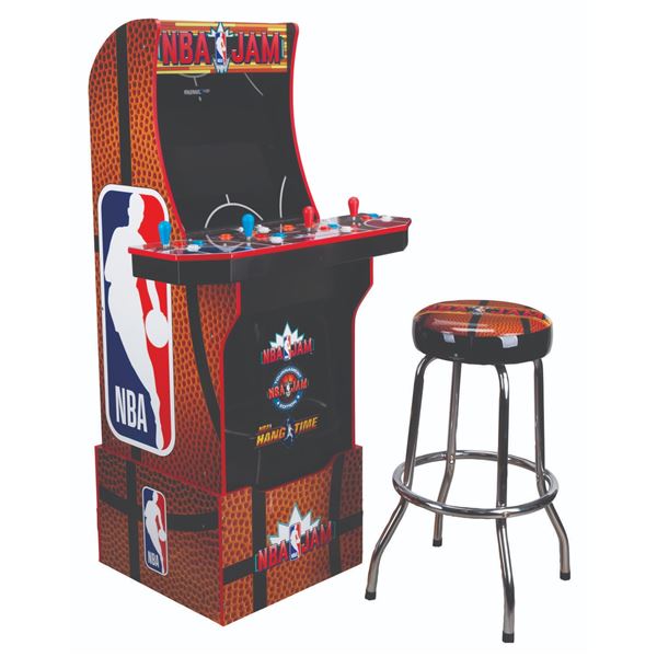 An Arcade1Up NBA Jam Arcade Cabinet and Stool.