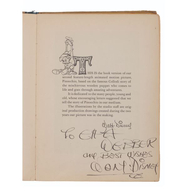 A "Pinocchio" Book Signed by Walt Disney.
