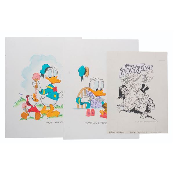 Three Signed Donald, Scrooge McDuck and Nephews Drawings.