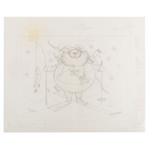 A Santa Skiing T. Hee Christmas Card Design.