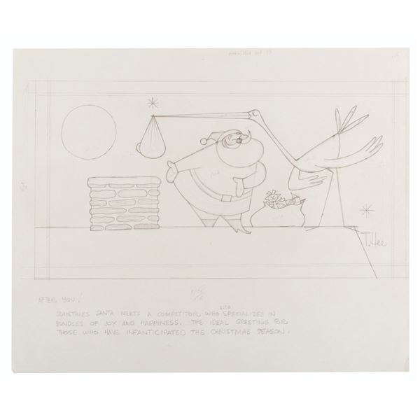 A Santa & Stork T. Hee Christmas Card Design.