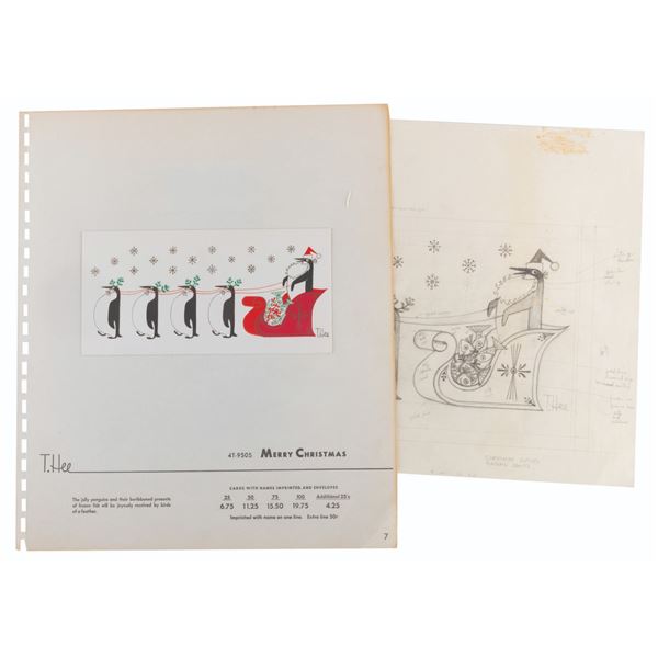A Penguin Sleigh T. Hee Christmas Card Design.