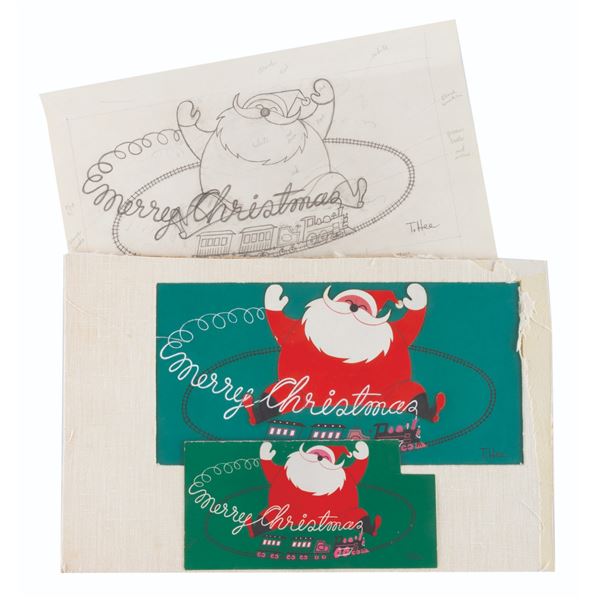 A Santa & Train T. Hee Christmas Card Design.