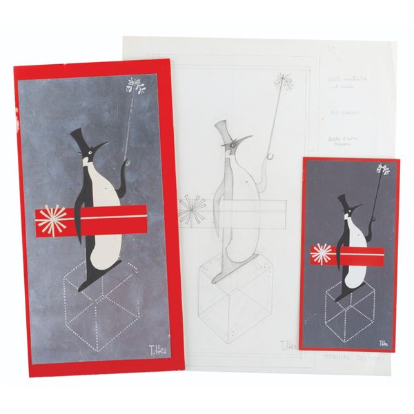 A T. Hee Penguin Christmas Card Design.